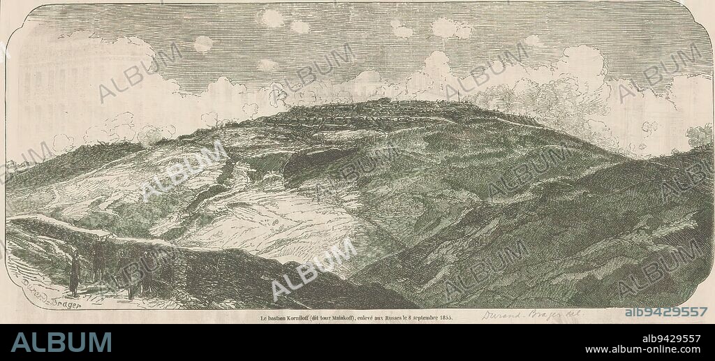 Battle of Malachov, 1855, Le bastion Korniloff (dit tour Malakoff), enlevé aux Russes le 8 septembre 1855 (title on object), Battle of Malachov on September 7, 1855 in which the Allies captured the redoubt of Malachov. Part of the siege of Sebastopol during the Crimean War., print maker: Jean Baptiste Henri Durand-Brager, (mentioned on object), France, 1855, paper, height 171 mm × width 363 mm.