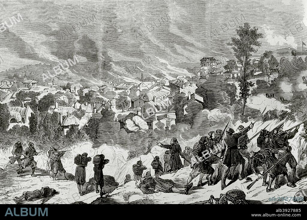 Europa. Siglo XIX. La Cuestión de Oriente. Guerra Turco-Serbia (1876-1878). El debilitamiento del Imperio Otomano hace nacer movimientos nacionalistas en los Balcanes. Serbia declaró la guerra al Imperio Otomano el 30 de junio de 1876. Toma de la ciudad de Kujaschewatz (Serbia) por los turcos, el 5 de agosto de 1876. Grabado. La Ilustración Española y Americana, 30 de agosto de 1876. Biblioteca Histórico Militar de Barcelona. Cataluña, España.