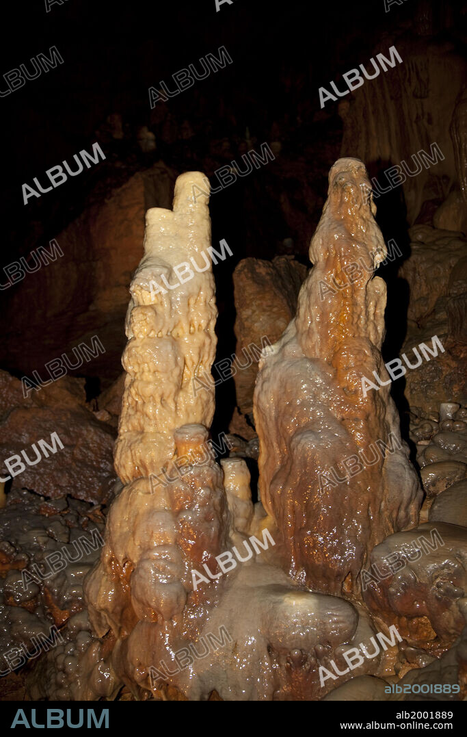 The cave was first discovered in 1880 by a young shepherd who followed a fox in through a crack. It is the largest cave of Causses and the Cavennes. It features extraordinary speleothems. It is also called La Grotte Rose (The Pink Cave) as many of the speleothems show pink colors.