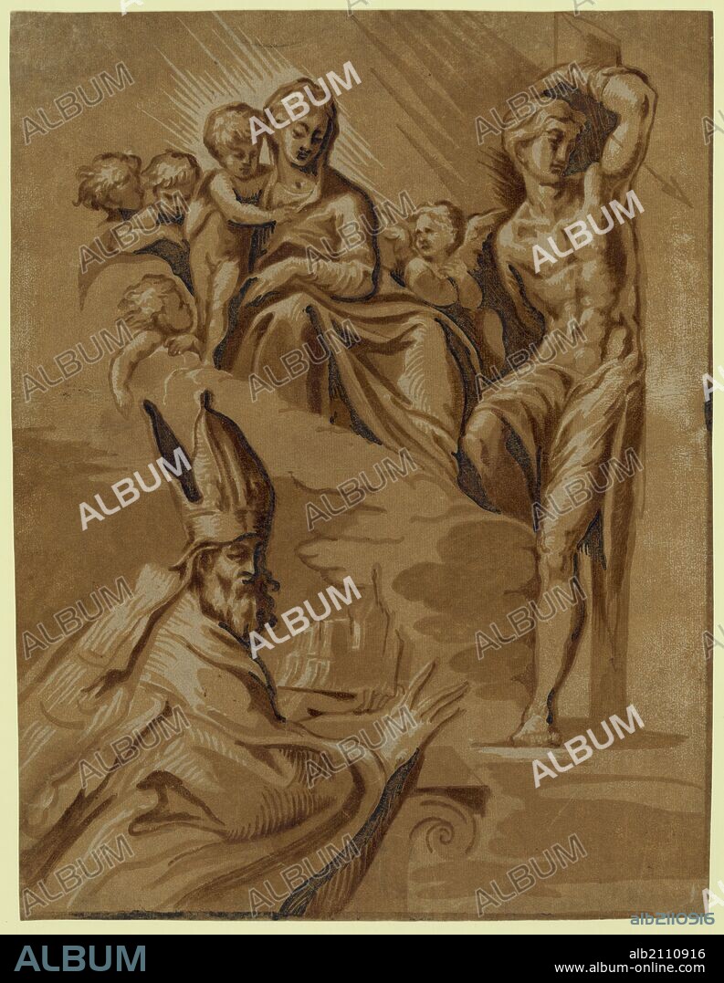 The Virgin, St. Sebastian and a holy bishop, Carpi, Ugo da, 1480 approximately 1532, Date Created between 1500 and 1535,chiaroscuro woodcut, color, 8 cm x 2 cm, three separate vignettes: the Virgin Mary holding the infant Jesus, Saint Sebastian, and a bishop wearing a mitre.
