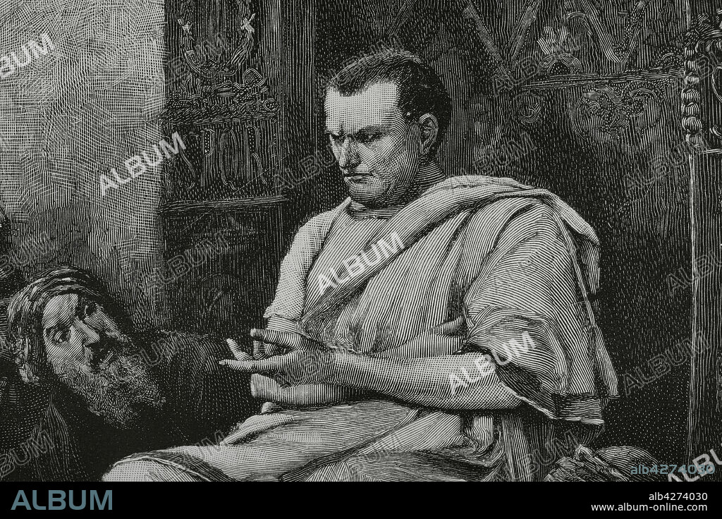 CHARLES BAUDE (1853-1935). FRENCH ENGRAVER.. Poncio Pilato. Quinto prefecto de la provincia romana de Judea, entre los años 26 y 36. Condenó a Jesús a morir en la cruz. Cristo ante Pilatos. Grabado por Baude a partir del cuadro de Muckassy. Detalle. La Ilustración Española y Americana, suplemento al número XXI, junio de 1882.
