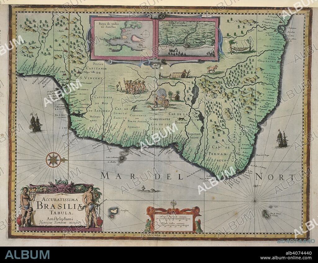 Brazil. Accuratissima Brasiliae Tabula. (Baya de todos os. Amsterdami, [1640?]. Map of Brazil.  Image taken from Accuratissima Brasiliae Tabula. (Baya de todos os Sanctos. Villa d'Olinda de Pernambuco.) H. Hondius excudit.  Originally published/produced in Amsterdami, [1640?]. . Source: Maps.K.Top.124.53,.