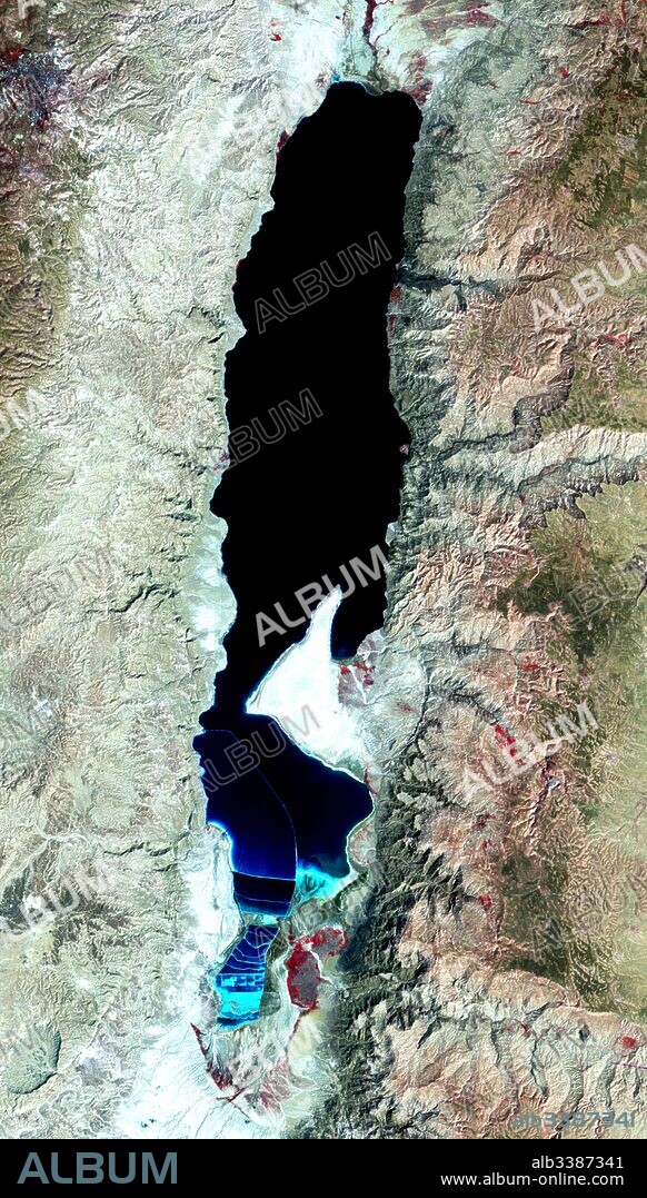 Satellite image showing the Sinai and Negev regions and the shrinking of the Dead Sea in Israel. 2011.