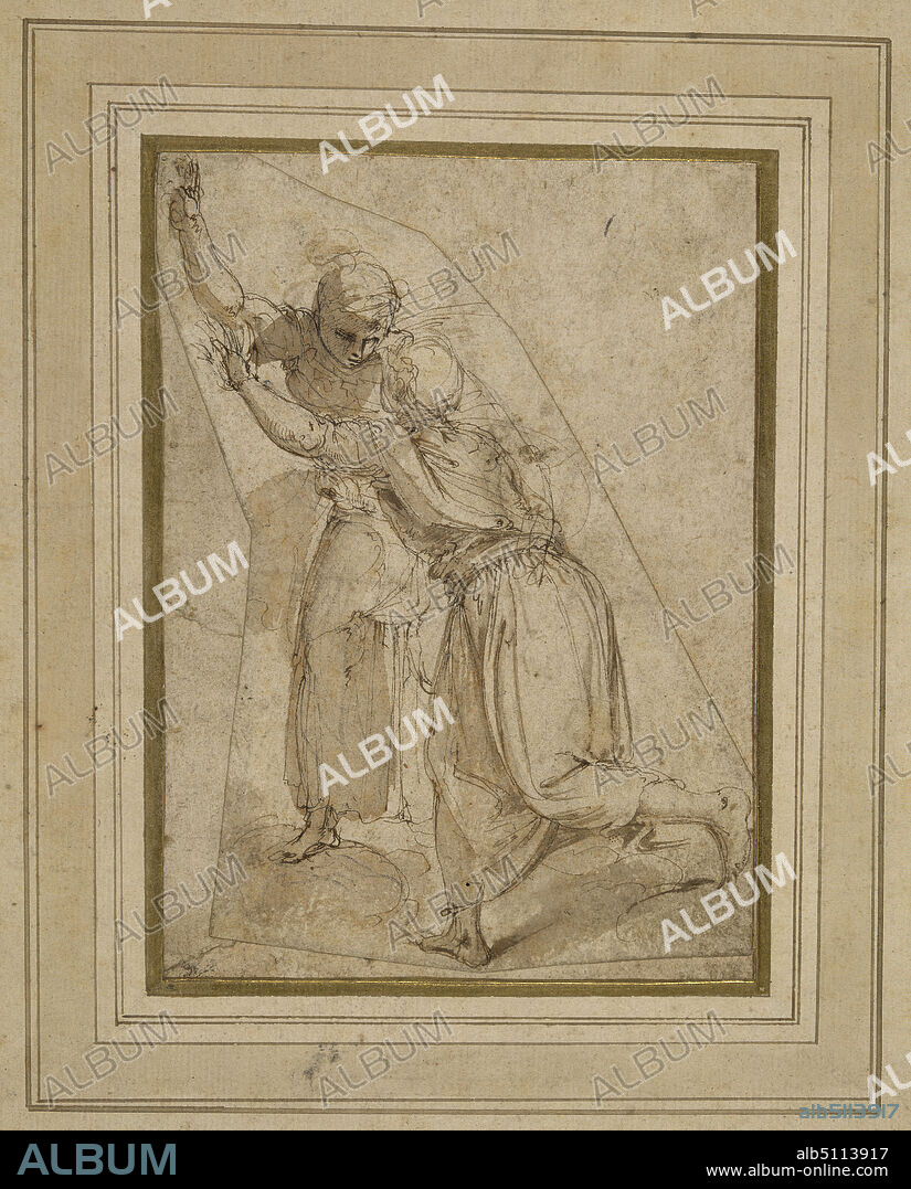Artist: Giovanni Battista Franco (called Il Semolei), Italian, 1498(?)1561, Two Female Figures, study for the Baptism of Christ in S. Francesco della Vigna, Venice, Pen and brown ink, brown wash, over black chalk, Overall: 14 × 9.9 cm (5 1/2 × 3 7/8in.), Italian, 16th century, Works on Paper - Drawings and Watercolors.