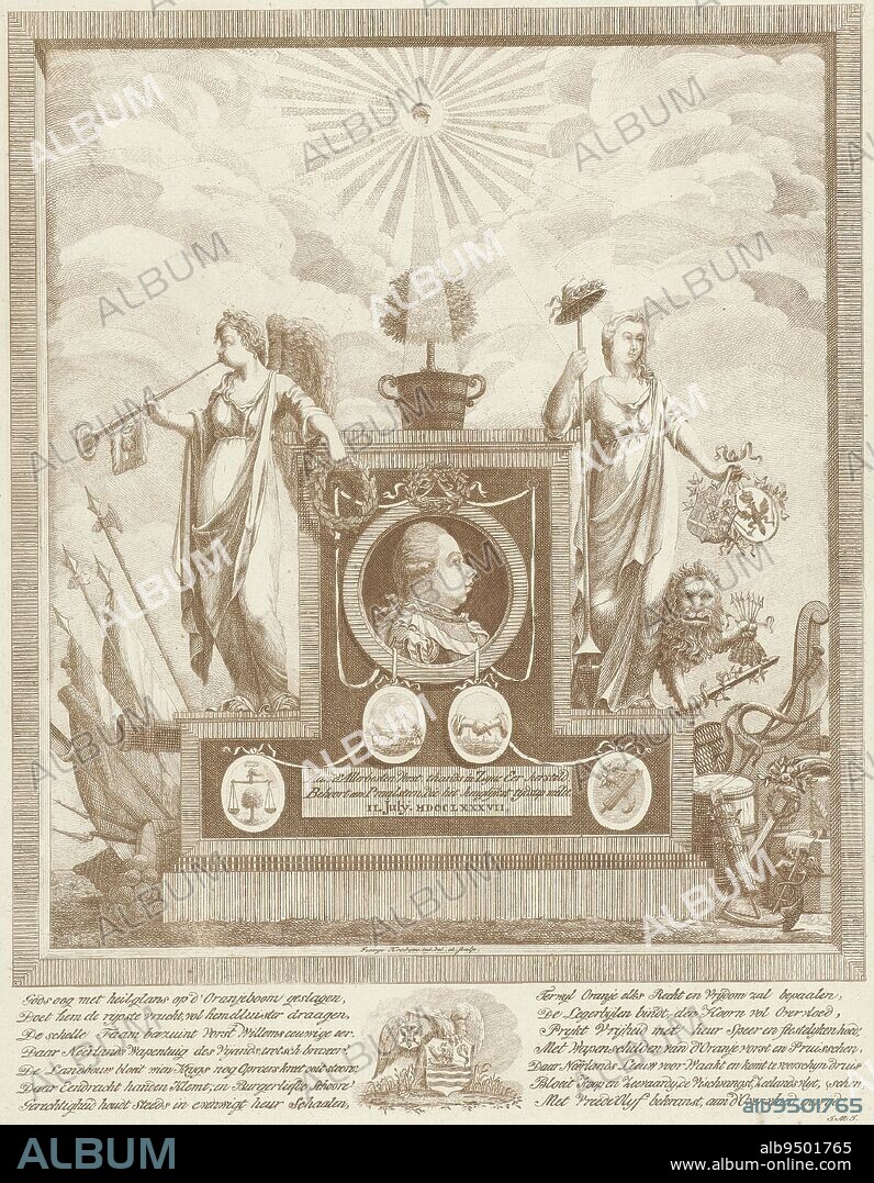 Allegorical composition in honor of William V Prince of Orange-Nassau, July 11, 1787, George Kockers, 1787 - 1792, Allegorical composition in honor of William V Prince of Orange-Nassau, July 11, 1787. On an altar hangs a bust portrait in a medallion of William V. Under the portrait four other medallions containing from left to right; justice, agriculture, unity, arms and the horn of plenty. The portrait of William V is flanked by two allusive figures. On the left the winged Fame with her trumpet and on the right a lady with the freedom hat and in her left hand the coats of arms of Orange and Prussia. Behind her, the Dutch lion is watching. On the altar is the orange tree, which is illuminated from heaven by God's eye. Below the image a fourteen-line verse in two columns, between which the Zeeland and Prussian arms., print maker: George Kockers, (mentioned on object), Monogrammist JMJ, (mentioned on object), Willem V (prins van Oranje-Nassau), (mentioned on object), Middelburg, 1787 - 1792, paper, etching, h 399 mm × w 320 mm.
