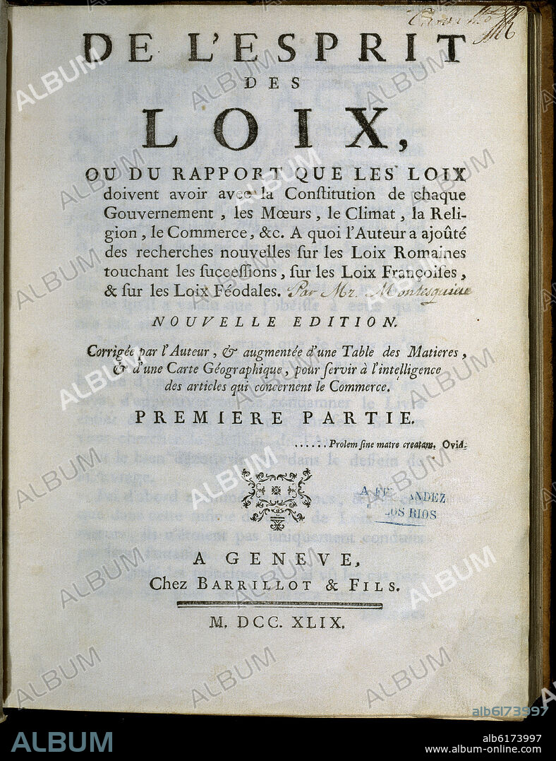Front page of 'L'Esprit des Loix' written by Montesquieu.. 1749. Madrid, Deputy congress library.