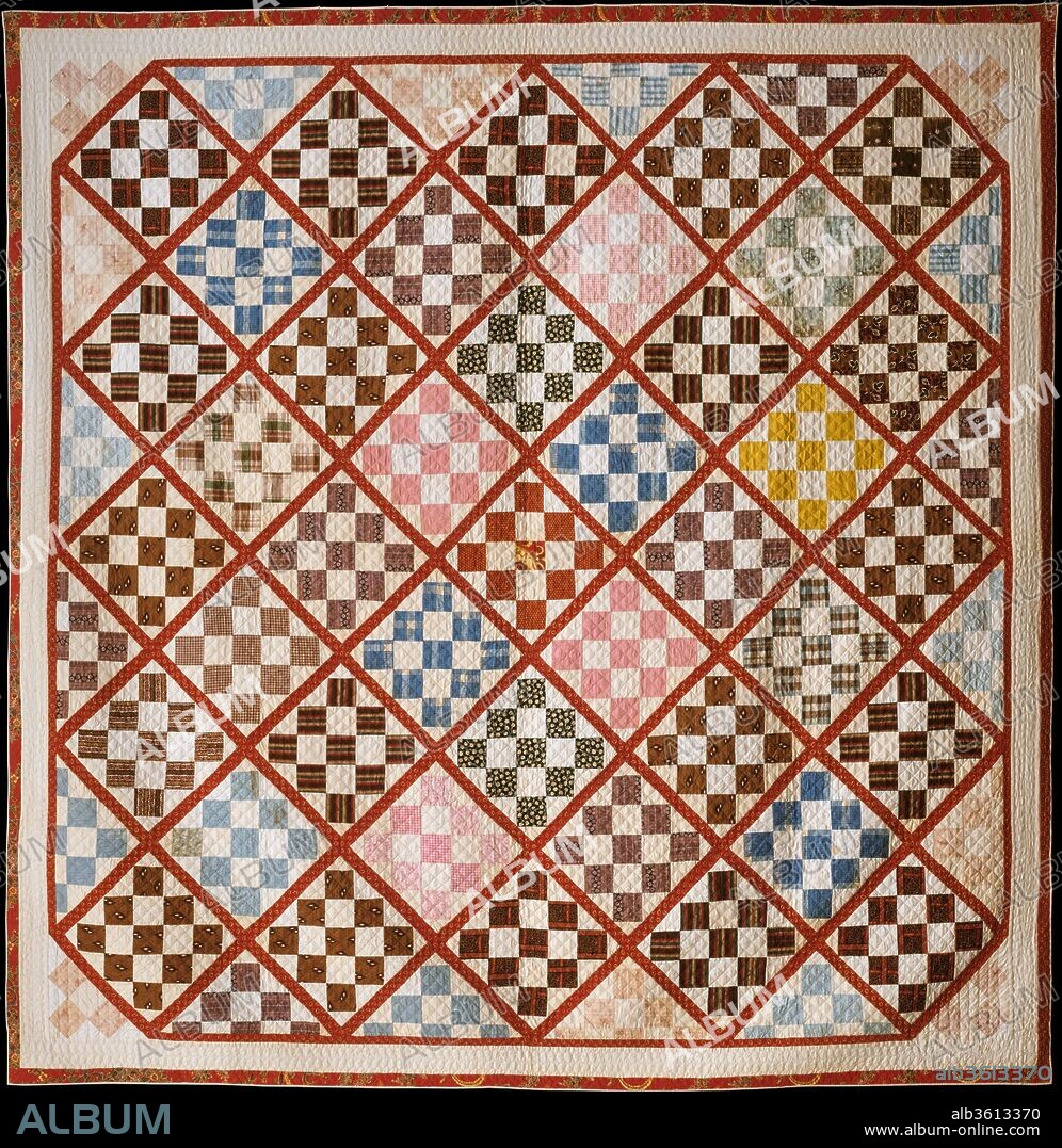 Quilt, Nine Patch pattern variation. Culture: American. Dimensions: 84 3/4 x 82 3/4 in. (215.3 x 210.2 cm). Maker: Rebecca Davis. Date: ca. 1846.
This pieced quilt is patterned with Nine Patch blocks within a diamond-shaped grid. The sashing is of red calico, and theblocks are pieced from various multicolored and patterned fabrics. The back is of plain white woven cotton, and the quilt is filled with cotton batting. Except for feather quilting in the inner white border, the piece is diamond quilted overall. There are partial English design registration marks on some pieces of fabric.
