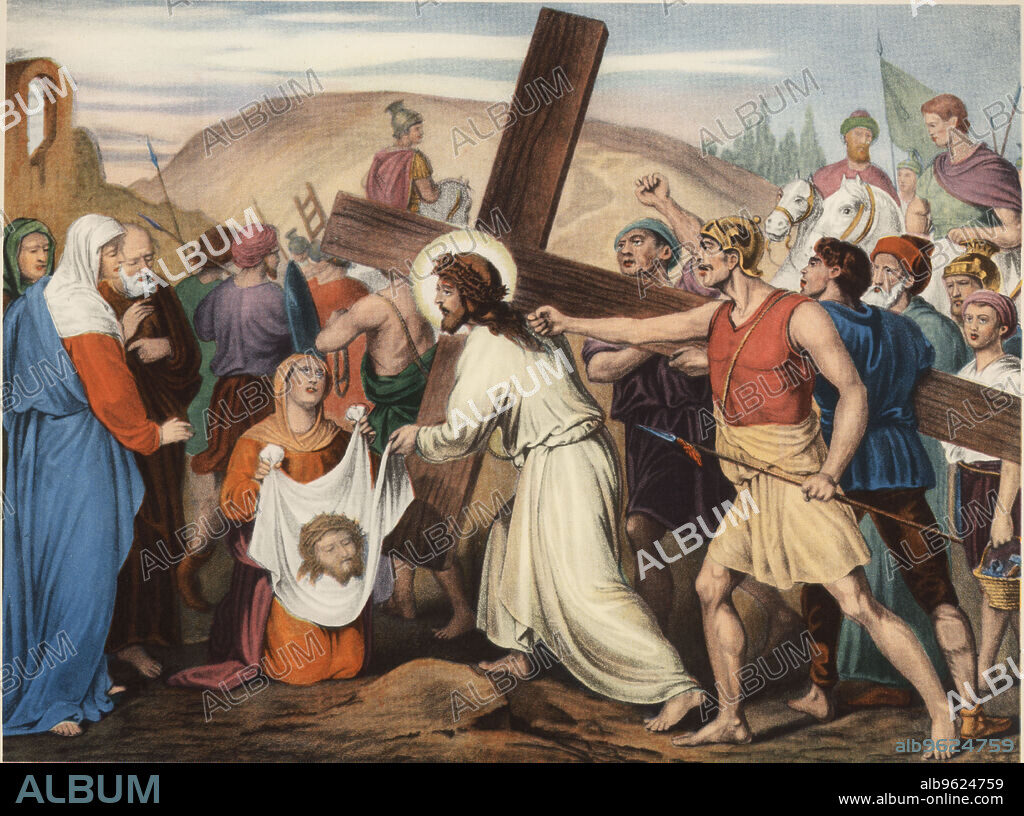 Via Crucis. Sixth station. Veronica wipes off Jesus face. Drawing by Pascual. Barsal Editions, Barcelona, 1920s.
