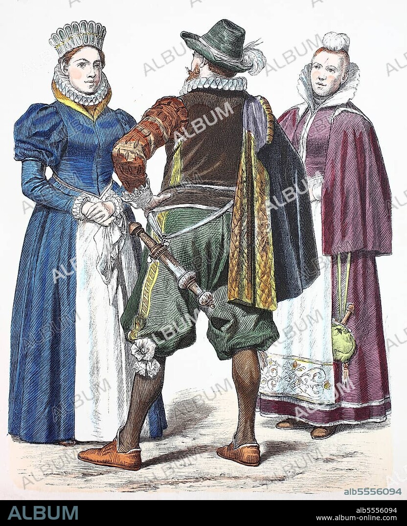 Folk traditional costume, clothing, history of costumes, people from Pomerania, traditional costumes from Germany, 16th century, digitally restored reproduction of a 19th century original, exact date unknown.