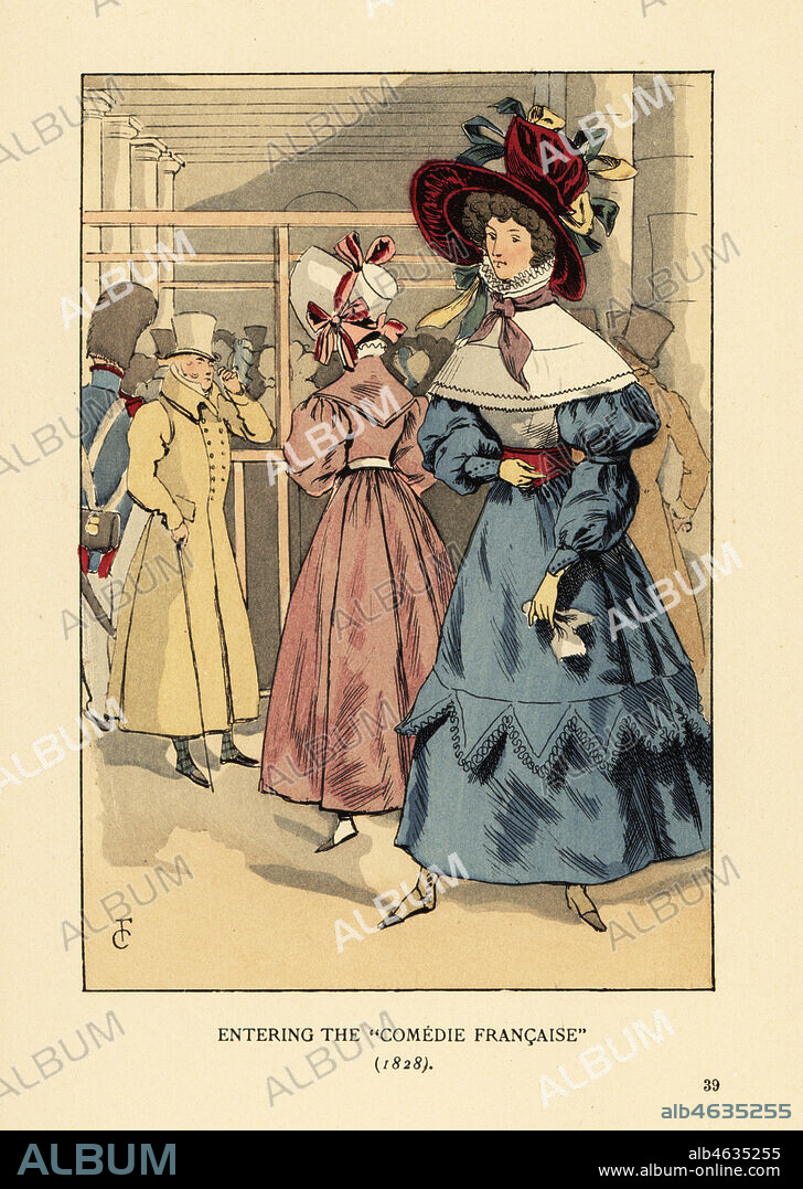 Fashionable women at a play, Paris. Woman in large bonnet with ribbons, dress with high collar, lace cape or pelerine and full sleeves en beret. Entering the Comedie Francaise, 1828. Handcoloured lithograph by R.V. after an illustration by Francois Courboin from Octave Uzannes Fashion in Paris, William Heinemann, London, 1898.