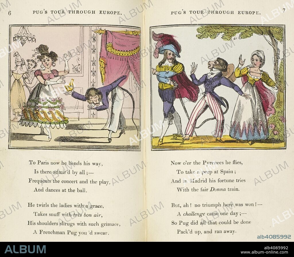 Pug in Paris and Madrid. Pug's Tour through Europe ; or, the travell'd monkey : containing his wonderful adventures in the principal capitals of the greatest empires, kingdoms and states. Written by himself. London : J. Harris and Son, 1824 Printed by S. & R. Bentley. Source: RB.23.a.3654.(10) page 6 and 7.