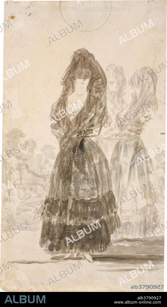 Francisco de Goya y Lucientes / 'Maja de paseo. Álbum A, h'. 1794 - 1795. Aguada, Tinta china sobre papel verjurado, 172 x 97 mm.