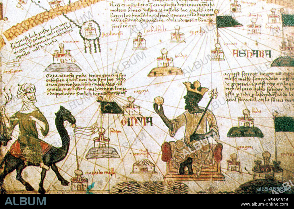 Musa I (c. 1280 - c. 1337), commonly referred to as Mansa Musa, was the tenth mansa, which translates as 'king of kings' or 'emperor', of the Malian Empire. At the time of Mansa Musa's rise to the throne, the Malian Empire consisted of territory formerly belonging to the Ghana Empire and Melle (Mali) and immediate surrounding areas. Musa held many titles, including Emir of Melle, Lord of the Mines of Wangara, and conqueror of Ghanata, Futa-Jallon, and at least another dozen states. He was the wealthiest West African ruler of his day. The Catalan Atlas (1375) is the most important Catalan map of the medieval period. It was produced by the Majorcan cartographic school and is attributed to Cresques Abraham, a Jewish book illuminator who was self-described as being a master of the maps of the world as well as compasses. It has been in the royal library of France (now the Bibliotheque nationale de France) since the late 14th century.
