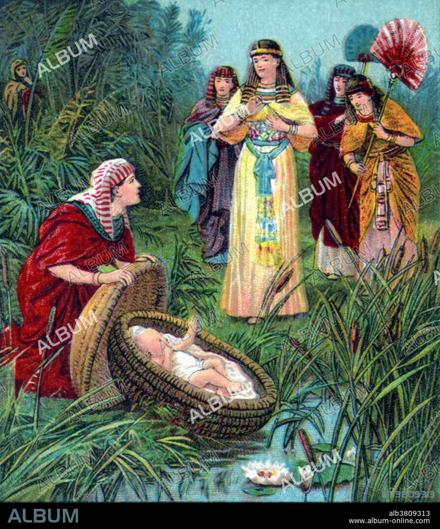One of thirteen lithographs with scenes from Old Testament Biblical stories about Moses's life. The back of each card has a Bible lesson pertaining to the image on the front. Published by American Baptist Publication Society, 1900. Exodus 1, the pharaoh of Egypt, Ramesses II, had decreed that all the Hebrew boy babies were to be drowned at birth. In the 10 verses from Exodus 2, Yocheved, Moses' mother, hides her newborn for 3 months and then places her baby in a caulked wicker basket in the Nile River reeds. The baby's crying alerts one of the pharaoh's daughters, Bithiah, who takes the baby. Moses' sister Miriam watches in hiding, but comes out when it is clear the Bithiah is planning to keep the child. She asks Bithiah if she would like a Hebrew midwife. Thereafter, Jochebed was employed as the child's nurse. Moses grew up and was brought to Pharaoh's daughter and became her son and a younger brother to the future Pharaoh of Egypt. Moses would not be able to become Pharaoh because he was not the blood son of Bithiah, and he was the youngest. Moses was, according to the Hebrew Bible and Qur'an, a religious leader, lawgiver and prophet, to whom the authorship of the Torah is traditionally attributed. He is the most important prophet in Judaism and is also considered an important prophet in Christianity and Islam, as well as a number of other faiths.