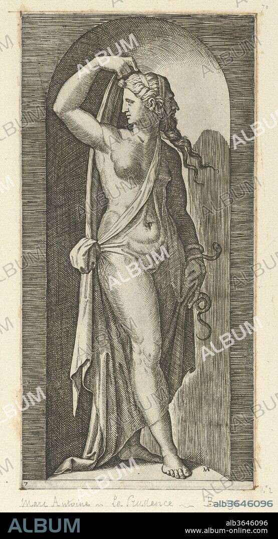 Prudence personified by a woman standing in a niche, holding a shawl in her right hand, a snake coiled around her, left from 'The Virtues'. Artist: Marcantonio Raimondi (Italian, Argini (?) ca. 1480-before 1534 Bologna (?)); After Raphael (Raffaello Sanzio or Santi) (Italian, Urbino 1483-1520 Rome). Dimensions: 8 11/16 x 4 1/4 in.  (22.0 x 10.8 cm). Date: ca. 1515-25.