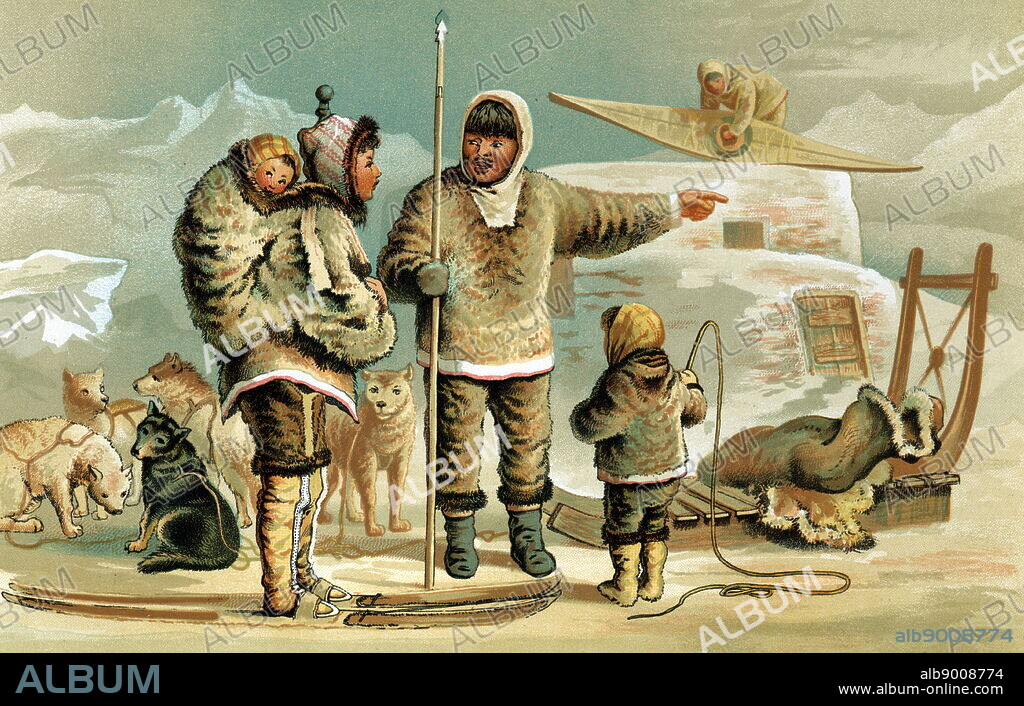 'Eskimo (Esquimaux) or Inuit-Yupik, indigenous peoples of the Arctic regions. Family is dressed in skins, dogs ready to be harnessed to sledge for the journey, woman on skis carries small child on her back. All the family is dressed in skins. Chromolithograhc 1886.'.