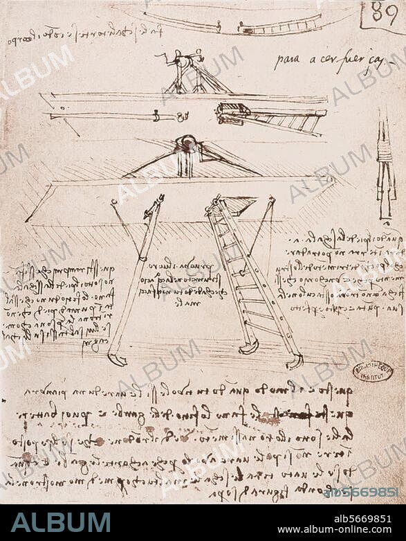 Leonardo da Vinci 1452-1519. Flying machine with man standing and ladders for descending. Drawing. Ms. B, fol. 89 recto. Paris, Bibliothèque de l'Institut de France.
