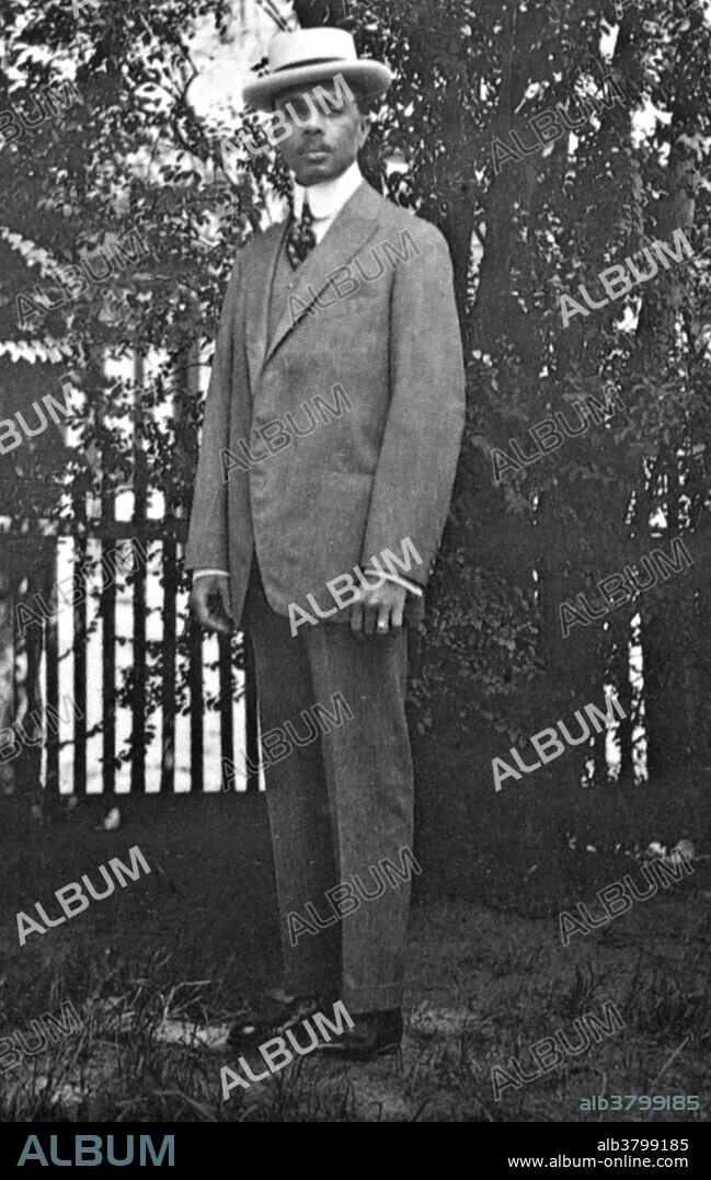 James Weldon Johnson (1871-1938) was an African-American author, politician, diplomat, critic, journalist, poet, anthologist, educator, lawyer, songwriter, and early civil rights activist. Johnson is remembered best for his leadership within the NAACP, as well as for his writing, which includes novels, poems, and collections of folklore. He was also one of the first African-American professors at New York University. This photograph was taken in 1910 at the front gate of his parent's home in Jacksonville, Florida.