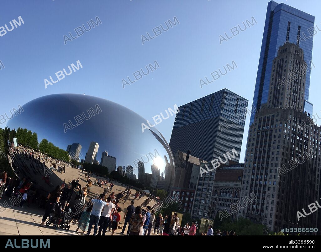 View of the Cloud Gate sculpture located within the AT&T Plaza at Millennium Park created by Anish Kapoor (1954-) a British sculptor. Dated 21st Century.