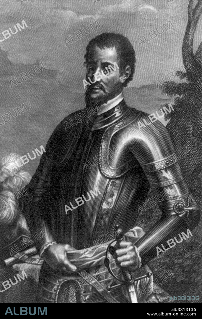 Hernando de Soto (1496/98 - May 21, 1542) was a Spanish explorer and conquistador. He explored and colonized Panama, Nicaragua, Honduras and Peru, where the expedition, led by Francisco Pizarro, conquered the Incan Empire. In 1536 de Soto returned to Spain a rich man due to the gold stolen from the Incas. In 1537 the King of Spain granted him the rights the conquer Florida. He led the first European expedition deep into the territory of the modern-day United States, thus becoming the first European documented to have crossed the Mississippi River. A vast undertaking, de Soto's North American expedition ranged throughout the southeastern United States searching for gold and a passage to China. De Soto died in 1542 on the banks of the Mississippi River in Arkansas or Louisiana. No artist credited.