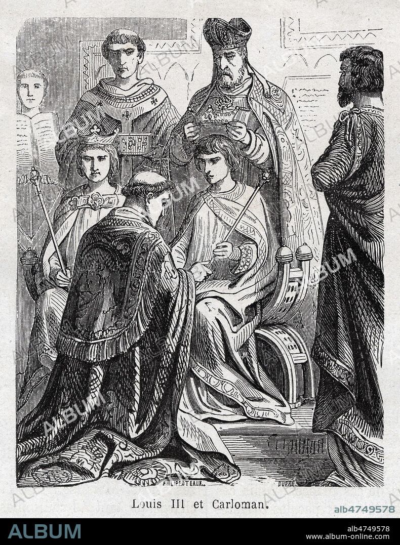 Les Robertiens : 880 : Louis III et Carloman sont sacres et couronnes le meme jour dans l'abbaye de Ferrieres en Gatinais, 9eme siecle. Illustration de 1862 par Felix PHILIPPOTEAUX (1815-1884) pour Histoire populaire de la France. Credit : Coll. Jonas/KHARBINE-TAPABOR.