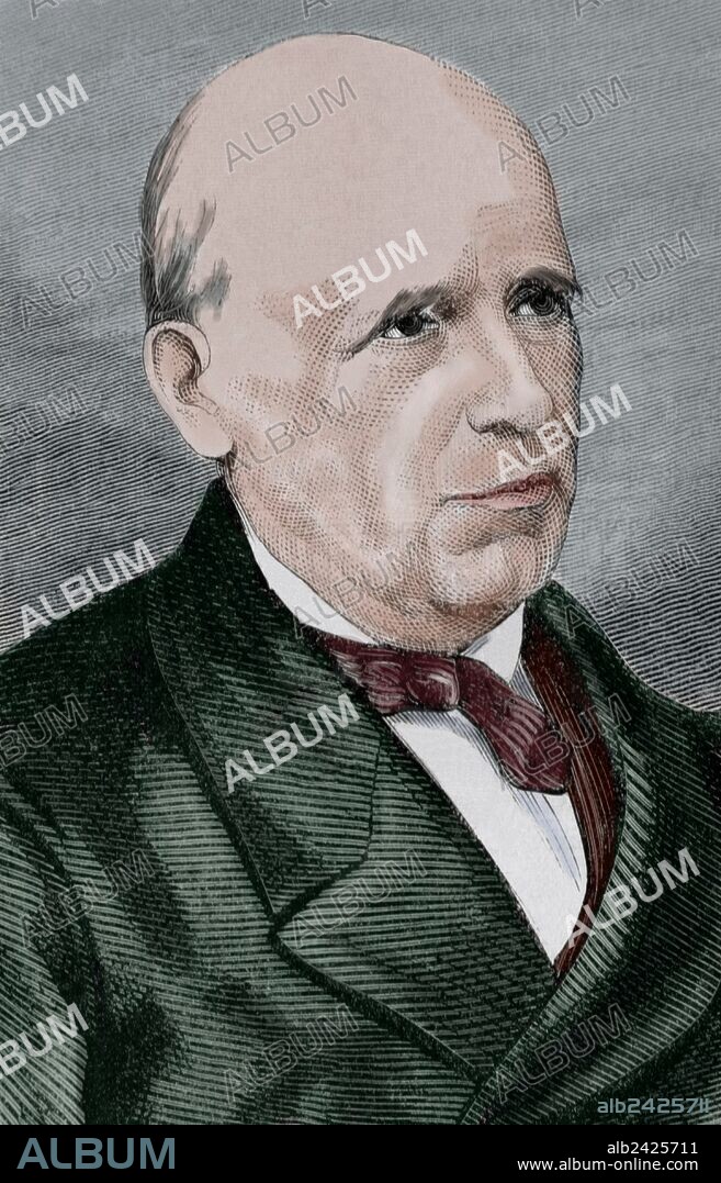 MADOZ, Pascual (Pamplona,1806-Génova,1870). Político español. Fue Gobernador Civil de Barcelona, inclinándose por el proteccionismo económico que consideraba útil para los intereses de los industriales catalanes. Grabado por Paris. "La Ilustración Española y Americana", 1870. Coloreado.