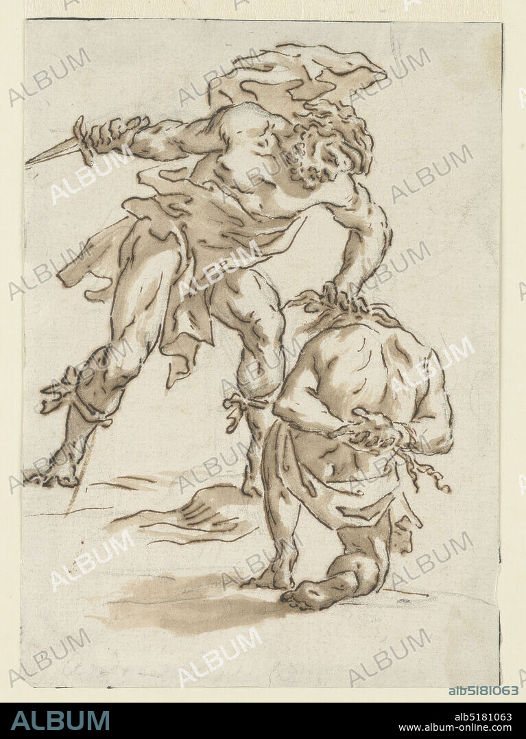 Execution Scene, Andrea Boscoli, Italian, 15501606, Pen and brown ink, brush and brown wash on cream paper, A standing semi-nude figure is seen frontally, knife in right hand. He is on the verge of plunging the knife into a bound, semi-nude man, who kneels before him., Italy, 180020, figures, Drawing, Drawing.