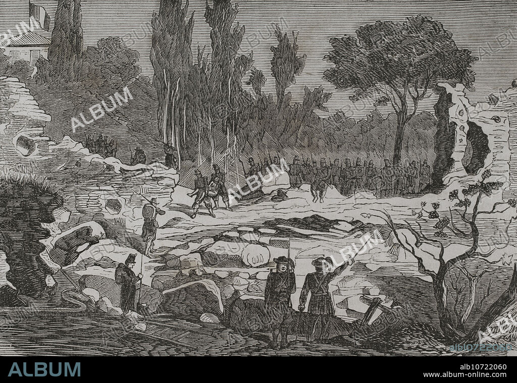 Unificación Italiana. Toma de Roma. Ocupación de Roma por las tropas del Reino de Italia, al mando del general Raffaele Cadorna, el 20 de septiembre de 1870. Grabado. "Historia de la Guerra de Francia y Prusia". Tomo II. Publicado en Barcelona, 1871.