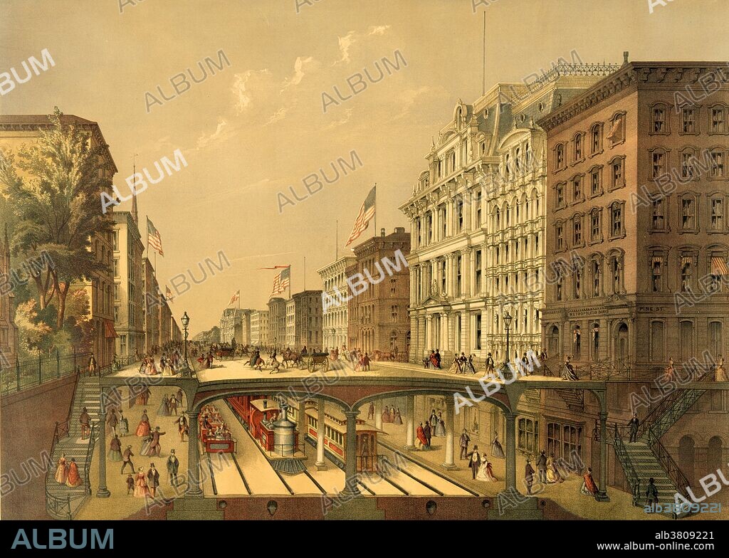 Proposed arcade railway under Broadway near Wall Street, New York City, c. 1868.