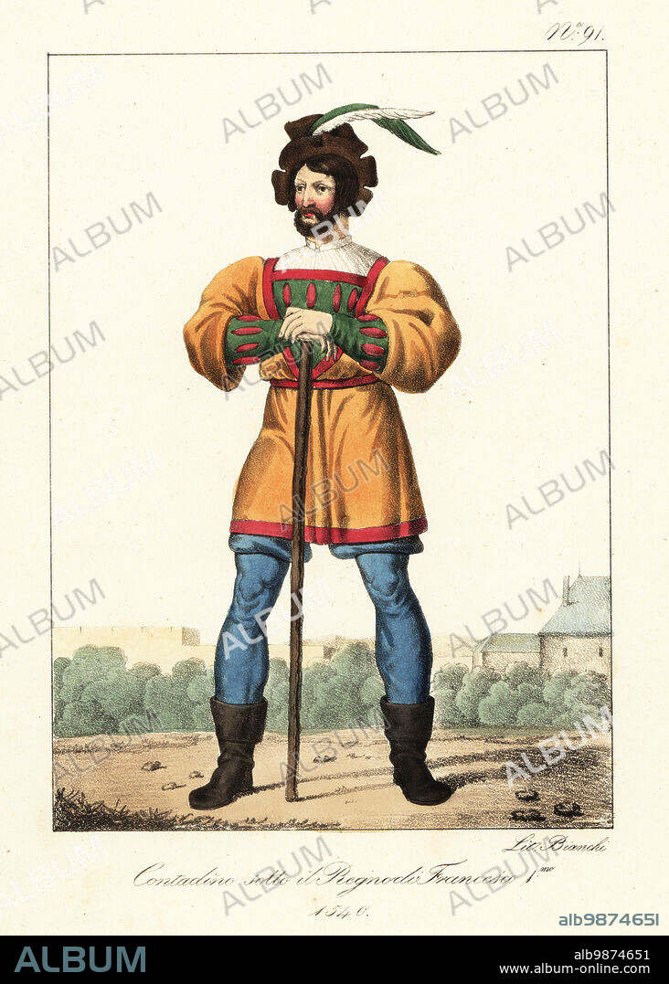 French peasant in the reign of King Francis I, 1540. In plumed cap, doublet with slashed front and cuffs, hose, bootlets, holding a staff. Paysan sous le regne de Francois I. Handcoloured lithograph by Lorenzo Bianchi after Hippolyte Lecomte from Costumi civili e militari della monarchia francese dal 1200 al 1820, Naples, 1825. Italian edition of Lecomtes Civilian and military costumes of the French monarchy from 1200 to 1820.
