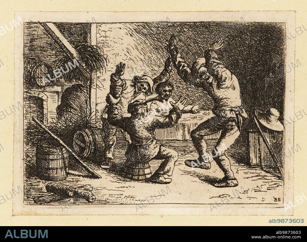 Scottish peasants dancing in a rustic tavern, 18th century. They wear tam oshanters and caps, jackets and trousers, and dance in a room with table, barrels and wheat sheafs. Copperplate engraving by David Deuchar from A Collection of Etchings after the most Eminent Masters of the Dutch and Flemish Schools, Edinburgh, 1803.