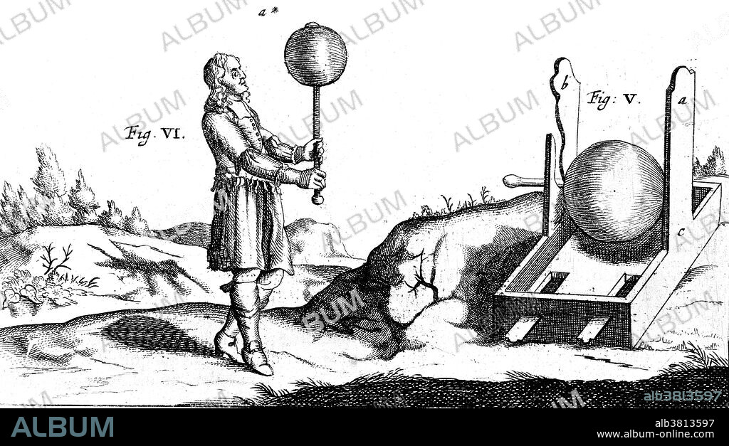 Engraving of the first static electricity generator, designed by German scientist Otto von Guericke (1602-1686). Guericke was a German scientist, inventor, and politician. His major scientific achievements were the establishment of the physics of vacuums, the discovery of an experimental method for clearly demonstrating electrostatic repulsion, and his advocacy of the reality of action at a distance and of absolute space. In 1660-63 Guericke constructed a large ball of sulphur which could be turned on a spindle. As he rubbed his hand on it he noticed that the friction caused it to become strongly charged with static electricity.