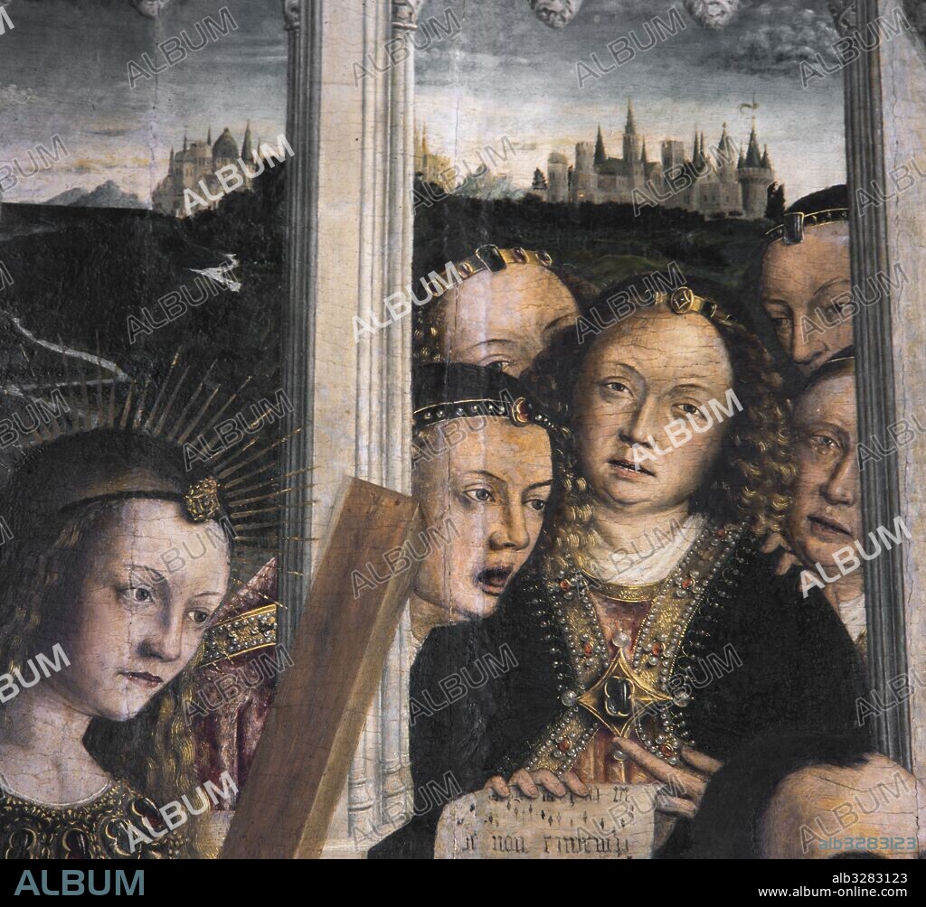 LLUÍS DALMAU. Virgen de los «Consellers», 1443-1445. Detalle ángeles cantores. Óleo sobre tabla de roble. 316 x 312,5 x 32,5 cm. Procede del altar de la capilla de la Casa de la Ciutat, Barcelona. Museu Nacional d'Art de Catalunya, Barcelona.
