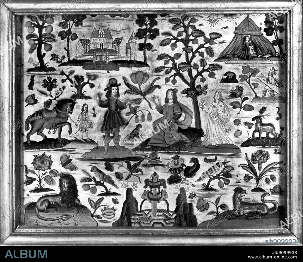 Englsih stumpwork panel, late 17th century, based not on chintz patterns, but on lacquer.