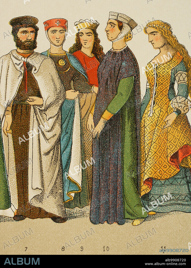 Historia de Alemania. Edad Media. 1200. De izquierda a derecha, 7: Caballero de la Orden Teutónica, 8-9-10-11: damas nobles. Cromolitografía. "Historia Universal", por César Cantú. Tomo X, 1881.