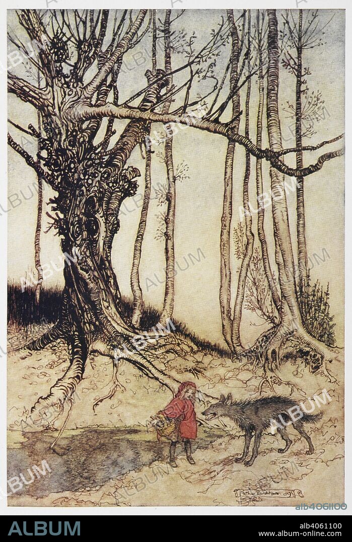 ARTHUR RACKHAM and GEBRUEDER GRIMM. Little Red Riding Hood and the wolf in the wood. Grimm's Fairy Tales. Illustrated by Arthur Rackham. London : William Heinemann, [1925]. 'When she got to the wood, she met a Wolf.'. Source: 12410.r.7. facing page 118.