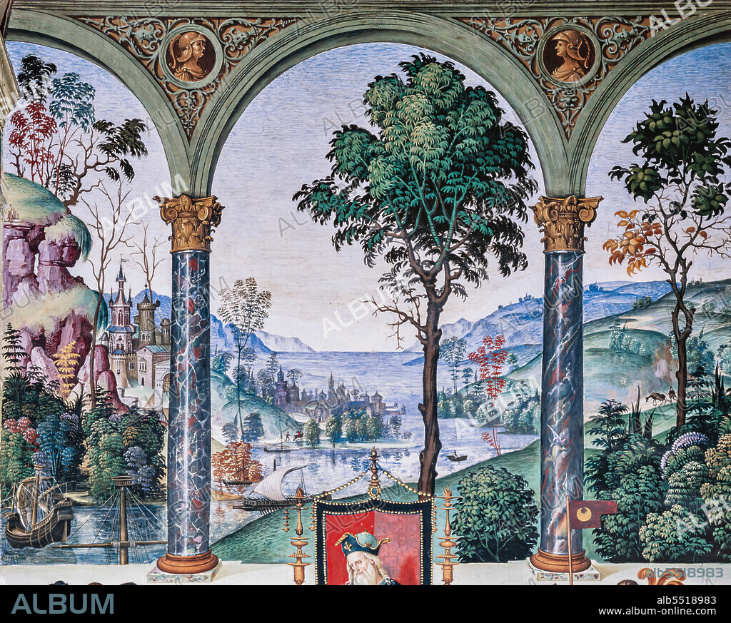 The Piccolomini Library, north east wall: Aeneas Sylvius delivers an oration before King James I of Scotland, winter 1435, the second one of the ten stories about Aeneas Sylvius Piccolomini, future Pope Pius II, (1503 - 1508), fresco by Bernardino di Betto, known as Pinturicchio. Detail of landscape with lake seen through the arches of the loggia and detail of the turreted fortress on the left.