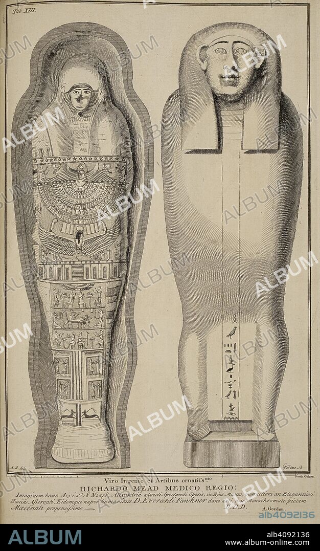 ALEXANDER GORDON. Mummy from Saqqara, Lower Egypt, owned by Dr. Richard Mead. An essay towards explaining the hieroglyphical figures on the coffin of the ancient mummy belonging to Capt. W. Lethieullier. (An essay towards explaining the antient hieroglyphical figures on the Egyptian Mummy in the Museum of Dr. Mead.) With 25 plates. London, 1737. Source: 588.l.9 plate 13.