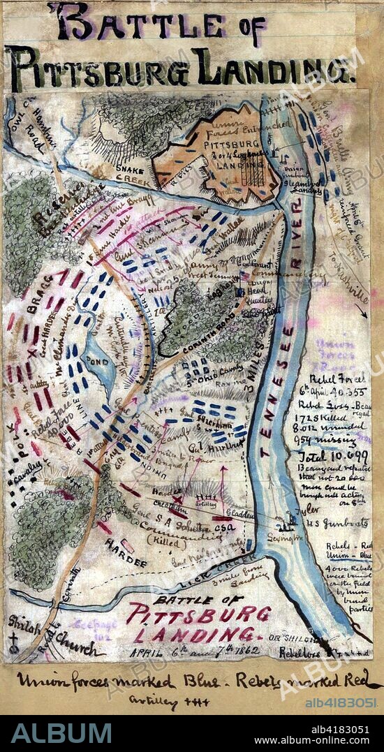 Battle of Shiloh or Pittsburg Landing.  Area surrounding Shiloh, Tenn., including Pittsburg Landing on the Tennessee River. Arrows show the direction of the Confederate assault. - Robert Knox Sneden.
