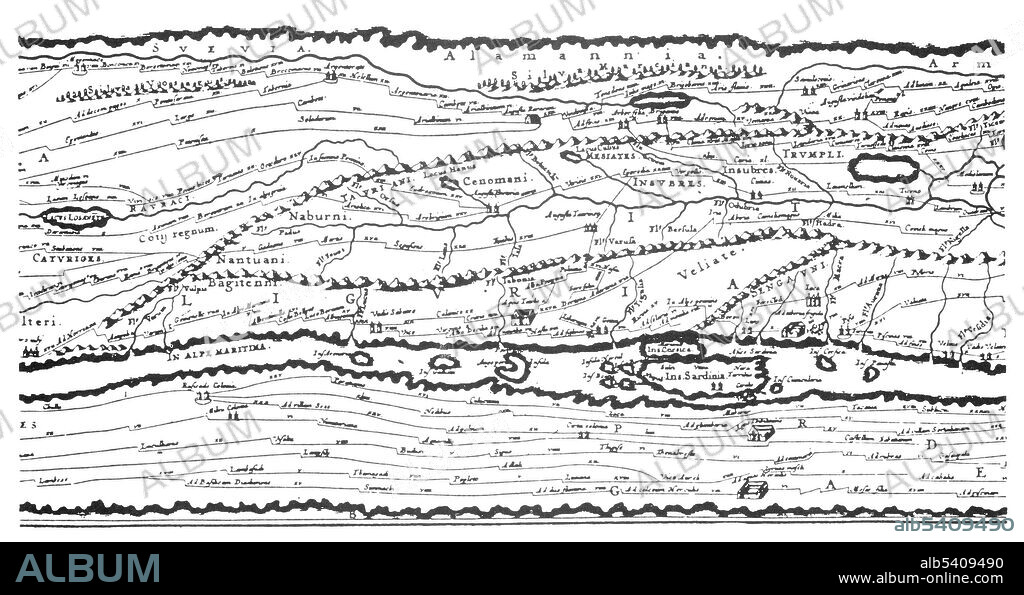 Detail of the Tabula Peutingeriana, an illustrated itinerarium (road map) showing the cursus publicus, the road network in the Roman Empire. The original map upon which it is based probably dates to the 4th or 5th century and was itself based on a map prepared by Agrippa during the reign of the emperor Augustus (27 BC - 14 AD).