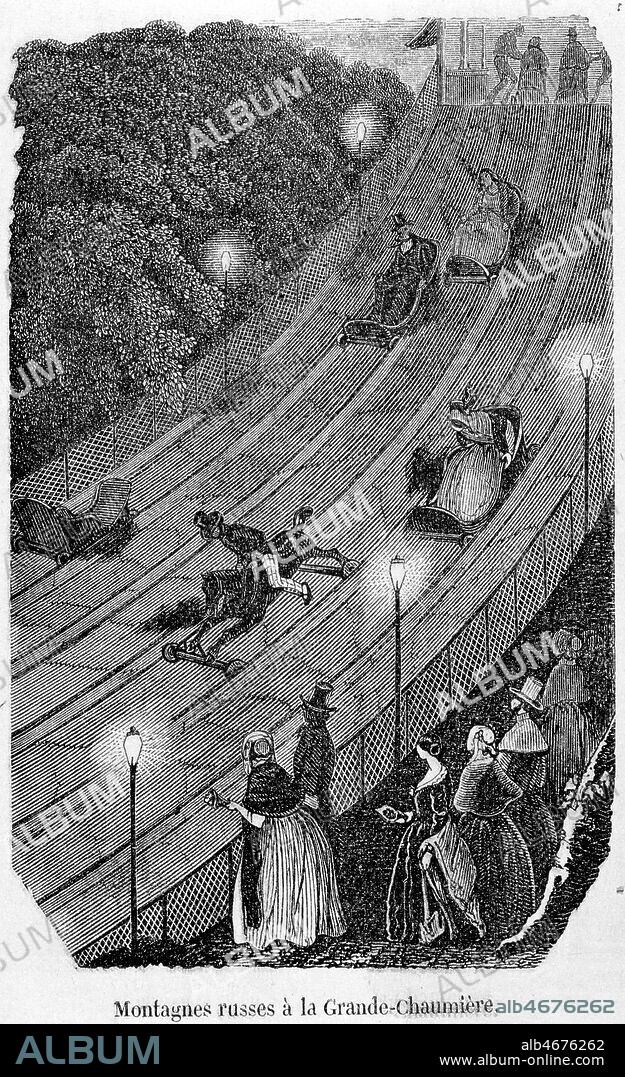 'Montagnes russes a la Grande Chaumiere' Gravure en Noir et blanc Anonyme pour l'ouvrage 'In Tableau de Paris' par Edmond TEXIER (XIXeme s.) en 1852 (XIXeme s., 19eme s., 19e s.) Credit Collection Grob/KHARBINE-TAPABOR.