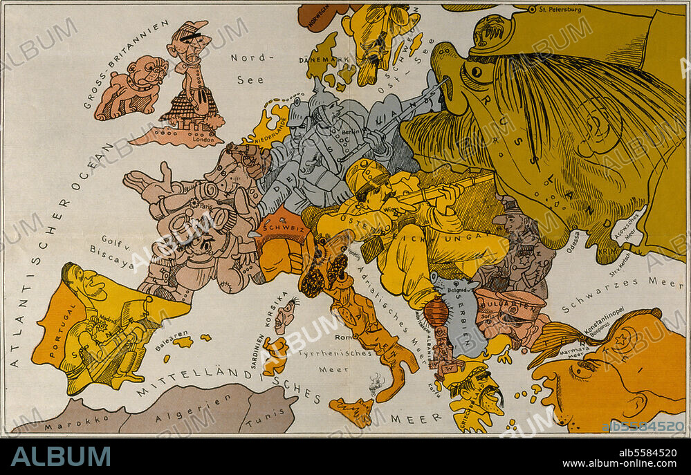 WALTER TRIER. 1. Weltkrieg: Plakate. "Karte von Europa im Jahre 1914". Satirische Landkarte von W. Trier (1890-1951) auf die politische und militärische Lage in Europa bei Ausbruch des 1. Weltkriegs.
