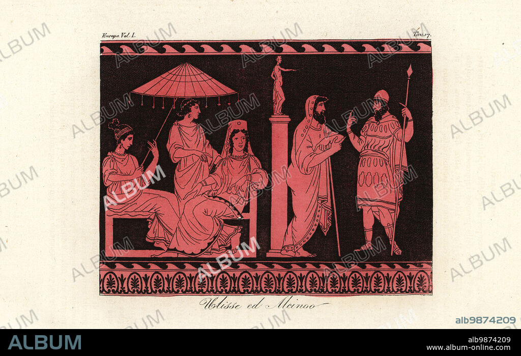 Odysseus entertained by Alcinous, ruler of the Phaiacians on the island of Scheria. Alcinous wife Arete and daughter Nausicaa listen while seated under a Thessalian-style umbrella. Odysseus wears a cap, mantle and tunic embroidered by Nausicaa. From an ancient vase depicted by Pierre-Francois Hugues dHancarville. Ulisse ed Alcinoo. Handcoloured copperplate engraving from Giulio Ferrarios Costumes Ancient and Modern of the Peoples of the World, Il Costume Antico e Moderno, Florence, 1842.