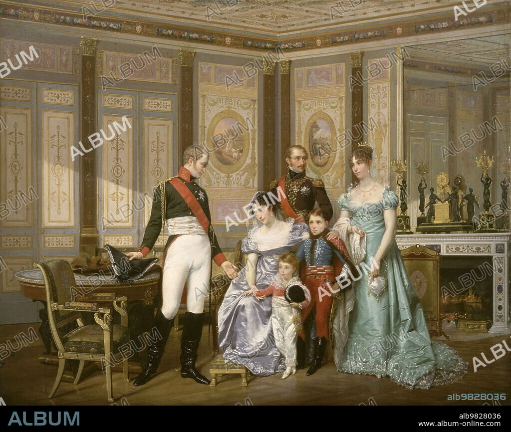 Tsar Aleksandr I of Russia with Josephine de Beauharnais (former Empress of the French) and her family: Eugene, Duke of Leuchtenberg (son), Hortense, former Queen of Holland (daughter), Napoleon Louis, aka King Louis II of Holland (grandson), and Louis-Napoleon, future Emperor Napolv©on III of the French (grandson), 1813.