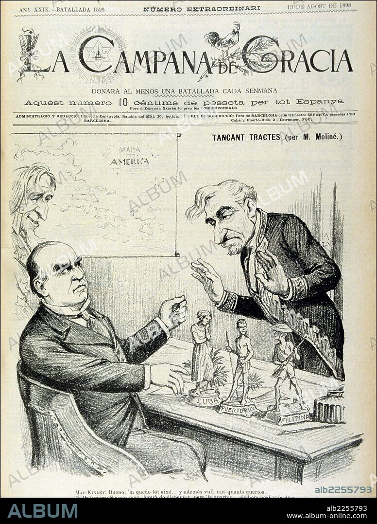 MAC KINLEY , WILLIAM. POLITICO NORTEAMERICANO. 1843 - 1901. CARICATURA EN LA REVISTA SATIRICA " LA CAMPANA DE GRACIA " , BARCELONA 1898 , JUNTO A SAGASTA CON EL ASUNTO DE CUBA.