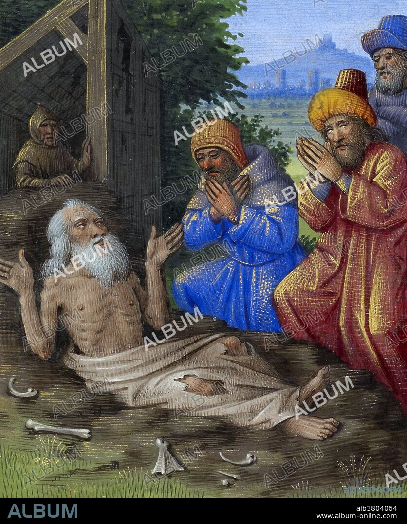 Job on the Dung Heap, an illumination by Jean Bourdichon, (French, 1457-1521) from c.1480-1485. Job is the central character of the Book of Job in the Old Testament. The story is also related in the Quran. In the Bible, Job is presented as a family man who lives a good and prosperous life, but is beset with disasters that take away all he has, including his family, his health, and his property. Job struggles to understand his misfortune and is eventually restored to prosperity by God.