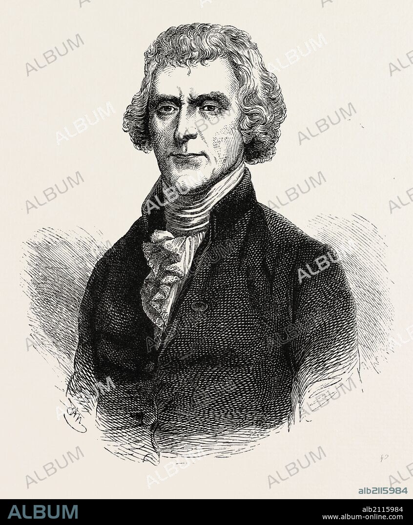 Thomas Jefferson was an American Founding Father, the principal author of the Declaration of Independence (1776) and the third President of the United States. At the beginning of the American Revolution, he served in the Continental Congress, representing Virginia, US, USA, 1870s engraving.