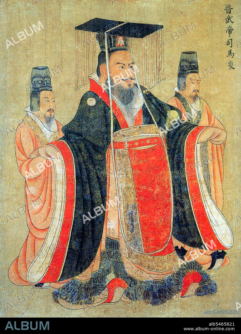 Emperor Wu of Jin (Chin Wu-ti), personal name Sima Yan (236 – May 17, 290) was a grandson of Sima Yi, a son of Sima Zhao, and the first emperor of the Jin Dynasty (265-420) after forcing the Cao Wei emperor Cao Huan to abdicate to him. He reigned from 265 to 290, and after destroying Eastern Wu in 280 was the emperor of the unified Chinese empire. Emperor Wu was known for his extravagance and sensuality, especially after the unification of China; legends boasted of his incredible potency among ten thousand concubines. Yan Liben (Wade–Giles: Yen Li-pen, c. 600-673), formally Baron Wenzhen of Boling, was a Chinese painter and government official of the early Tang Dynasty. His notable works include the Thirteen Emperors Scroll and Northern Qi Scholars Collating Classic Texts. He also painted the Portraits at Lingyan Pavilion, under Emperor Taizong of Tang, commissioned in 643 to commemorate 24 of the greatest contributors to Emperor Taizong's reign, as well as 18 portraits commemorating the 18 great scholars who served Emperor Taizong when he was the Prince of Qin. Yan's paintings included painted portraits of various Chinese emperors from the Han Dynasty (202 BC-220 AD) up until the Sui Dynasty (581-618) period.