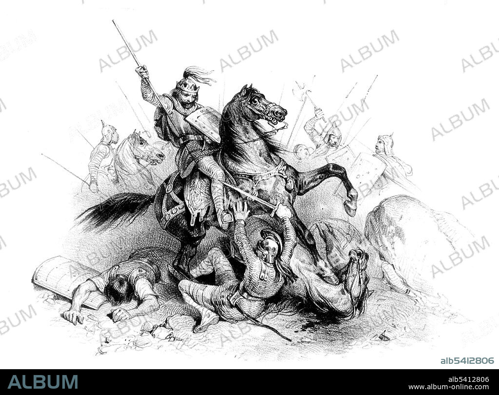 The Battle of Vouillé was fought in the northern marches of Visigothic territory, at Vouillé near Poitiers (Gaul), in the spring of 507 between the Franks commanded by Clovis and the Visigoths commanded by Alaric II. Despite being a superior army in size and equipage, Alaric's soldiers wavered as all of the Auvergnat commanders except Apollinaris were killed. During the melée Clovis allegedly killed the Visigothic king Alaric, whereupon the Visigothic army broke and fled. Clovis's army proceeded south and plundered Alaric's treasure at Toulouse. Jean-Victor Adam, 1841 (cropped and cleaned).