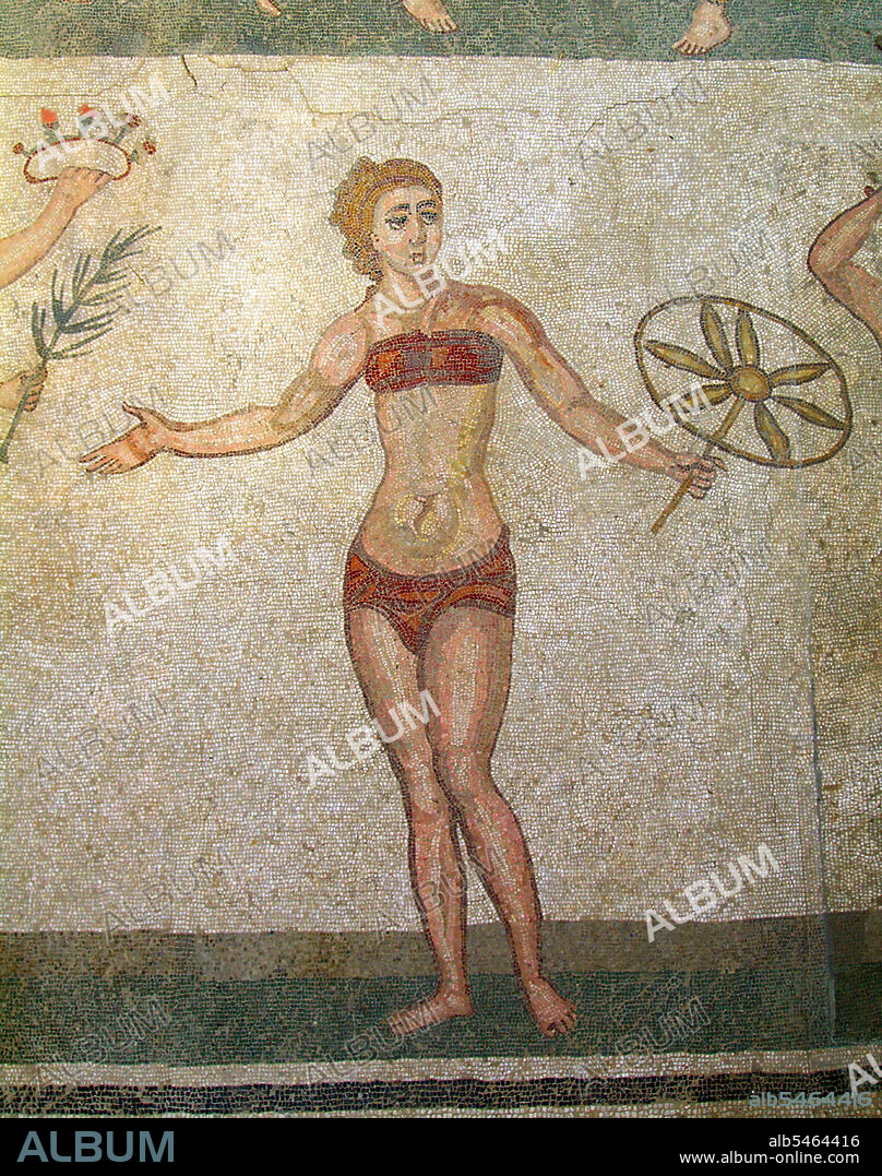 Villa Romana del Casale (Sicilian: Villa Rumana do Casali) is a Roman villa built in the first quarter of the 4th century CE and located about 5 km outside the town of Piazza Armerina, Sicily, southern Italy. Containing the richest, largest and most complex collection of Roman mosaics in the world, it is one of 44 UNESCO World Heritage Sites in Italy. In 1959-60, the archaeologist Gino Vinicio Gentili excavated a mosaic on the floor of the room dubbed the 'Chamber of the Ten Maidens' (Sala delle Dieci Ragazze in Italian). Informally called 'the bikini girls', the maidens appear in a mosaic artwork which scholars named 'Coronation of the Winner'. The young women perform sports including weightlifting, discus throwing, running and ball games. A woman in a toga is depicted with a crown in her hand; one of the maidens holds a palm frond.
